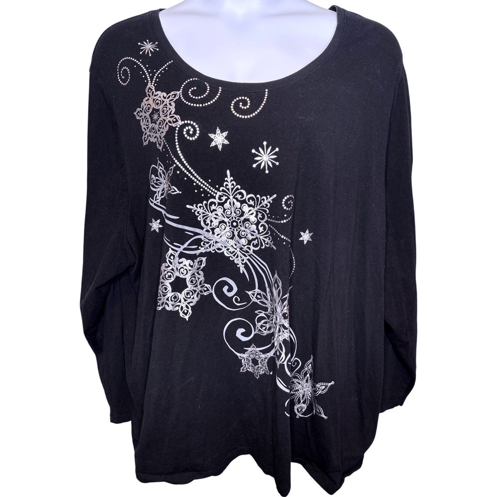Liz & Me Catherines Womens Black Silver Snowflake Tunic Top Sz 4X 30/32W Sparkly